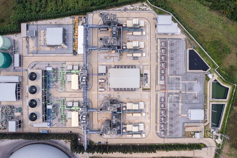 Aerial view of power plant with water treatment systems