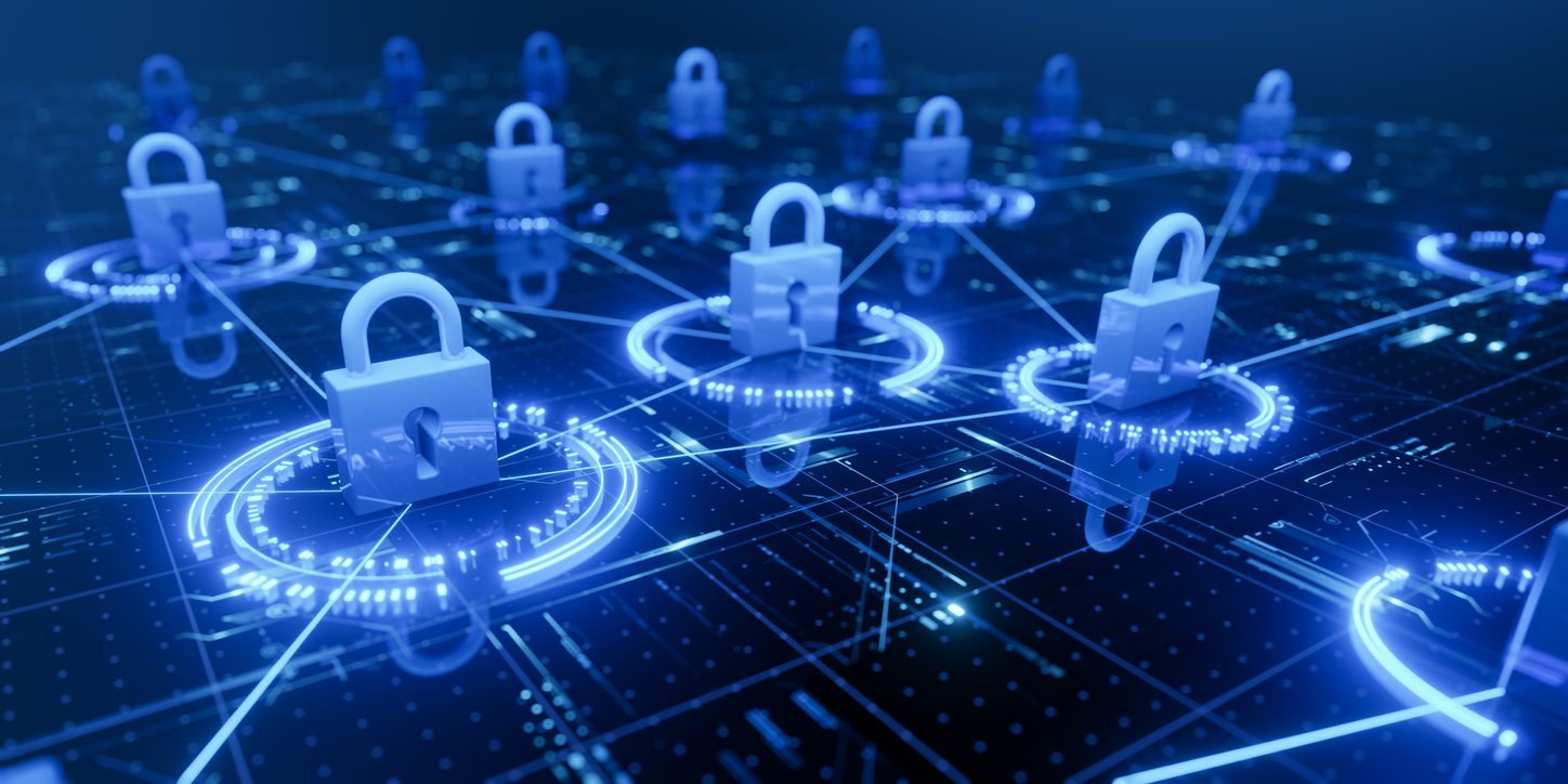 Digital padlocks over a network grid representing OT cybersecurity