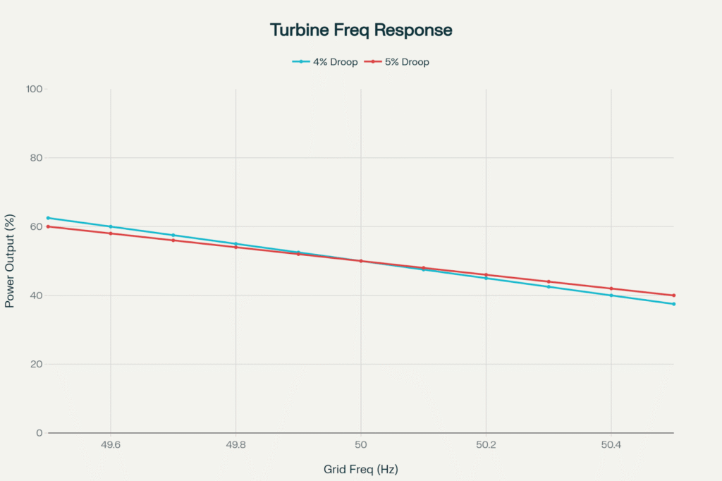 Turbine Frequency Response Showing Power Output Variation with Grid Frequency for Different Droop Settings