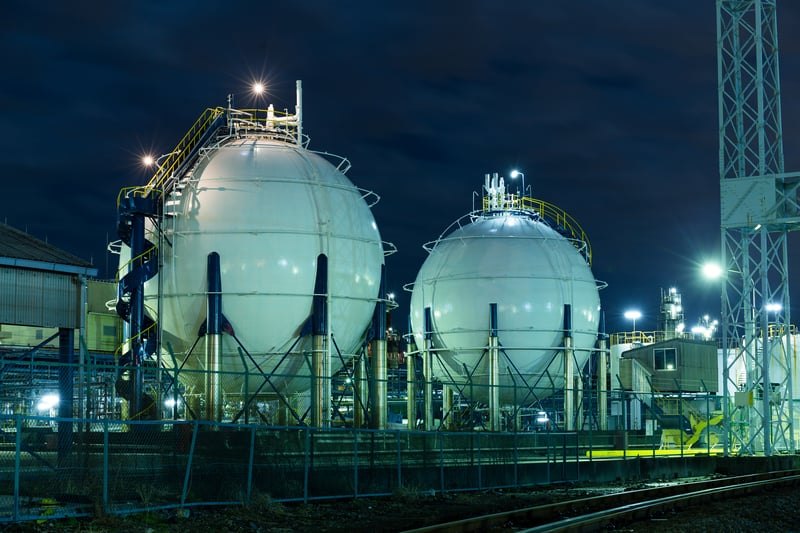 LNG spherical cryogenic storage tanks at night