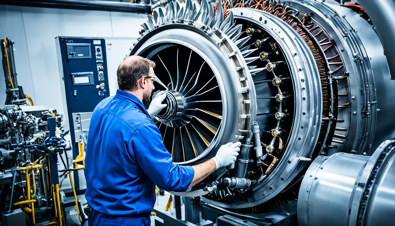 Technician inspecting the compressor blades of an opened gas turbine